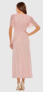 Mac Duggal 35116 Sz 12 Rose Pink Beaded Wrap Over Butterfly Sleeve MIDI Dress - Image 4