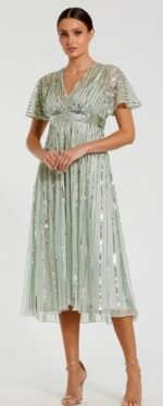 Mac Duggal 14007 Sz 6 Sag Green Embellished Short Sleeve Empire Waist MIDI Dress
