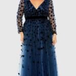 Mac Duggal 68440 Women's Floral Applique Long Sleeve A-Line Gown Sz 14W Midnight