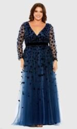 Mac Duggal 68440 Women's Floral Applique Long Sleeve A-Line Gown Sz 14W Midnight