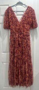 Mac Duggal A8013 Mesh V-Neck Beige Multi Floral Maxi Dress Size 20 - Image 6