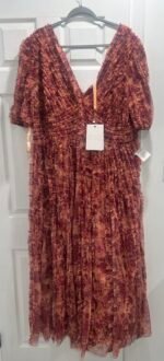 Mac Duggal A8013 Mesh V-Neck Beige Multi Floral Maxi Dress Size 20 - Image 4