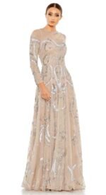 MAC DUGGAL 5217 Sz 8 NUDE LONG SLEEVE EMBELLISHED ILLUSION EVENING GOWN