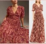 Mac Duggal A8013 Mesh V-Neck Beige Multi Floral Maxi Dress Size 20 - Image 3