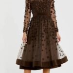 Mac Duggal 67007 Sz 8 Coffee Embellished Illusion High Neck Long Sleeve