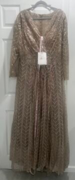 Mac Duggal 20189 Sz 16 Taupe Embellished Illusion Long Sleeve Wrap Over Gown - Image 5