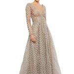 Mac Duggal 20189 Sz 16 Taupe Embellished Illusion Long Sleeve Wrap Over Gown