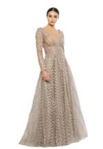 Mac Duggal 20189 Sz 16 Taupe Embellished Illusion Long Sleeve Wrap Over Gown