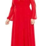 Mac Duggal Red Split Long Sleeve Chiffon Gown Size 20W