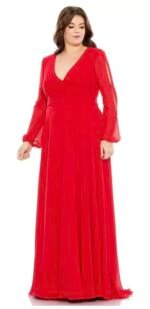 Mac Duggal Red Split Long Sleeve Chiffon Gown Size 20W
