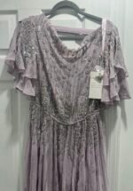 Mac Duggal 10690 Lavender Sequin Chiffon Midi Dress High Neck Flutter Sz 10 - Image 6