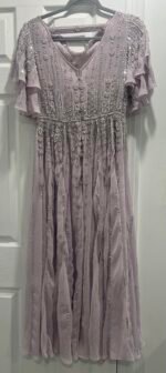 Mac Duggal 10690 Lavender Sequin Chiffon Midi Dress High Neck Flutter Sz 10 - Image 8