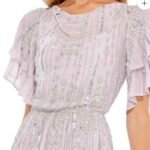 Mac Duggal 10690 Lavender Sequin Chiffon Midi Dress High Neck Flutter Sz 10