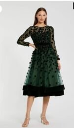 Mac Duggal 67007 Sz14 Embellished Illusion High Neck Velvet Floral Dress Emerald
