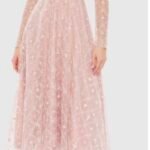 Mac Duggal Embellished Illusion Long Sleeve Dress 68003 Rose SZ 18 Midi Gown NWT