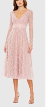 Mac Duggal Embellished Illusion Long Sleeve Dress 68003 Rose SZ 18 Midi Gown NWT