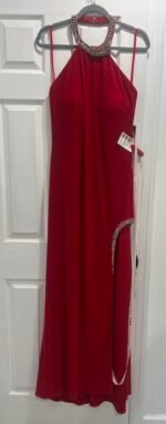 Ieena Mac Duggal Red Rhinestone Halter Gown Size 12 Open Back Formal Dress - Image 5