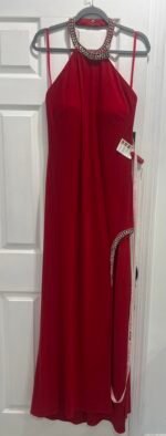 Ieena Mac Duggal Red Rhinestone Halter Gown Size 12 Open Back Formal Dress - Image 6
