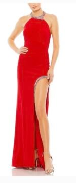 Ieena Mac Duggal Red Rhinestone Halter Gown Size 12 Open Back Formal Dress