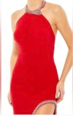 Ieena Mac Duggal Red Rhinestone Halter Gown Size 12 Open Back Formal Dress - Image 4