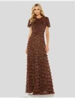 NWT Mac Duggal 8042 Sz 22 Ruffle Tiered Short Sleeve A Line Gown Brown - Image 4