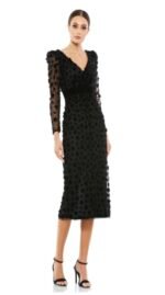 Mac Duggal 67856 Sz 16 Embellished V-Neck Illusion Long Sleeve Column Midi