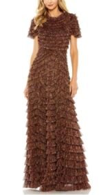 NWT Mac Duggal 8042 Sz 22 Ruffle Tiered Short Sleeve A Line Gown Brown