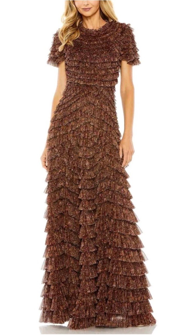 Screenshot NWT Mac Duggal 8042 Sz 22 Ruffle Tiered Short Sleeve A Line Gown Brown - Image 1