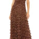 NWT Mac Duggal 8042 Sz 22 Ruffle Tiered Short Sleeve A Line Gown Brown