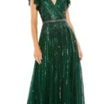 Mac Duggal Deep Green Beaded Cap Sleeve Tulle A-Line Gown Size 8