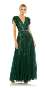 Mac Duggal Deep Green Beaded Cap Sleeve Tulle A-Line Gown Size 8
