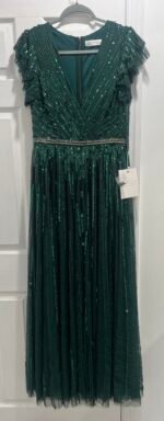 Mac Duggal Deep Green Beaded Cap Sleeve Tulle A-Line Gown Size 8 - Image 6