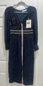 Mac Duggal 93593 Sz 6 Blue Sequin Beaded Waist Midi Sheath Dress - Image 2