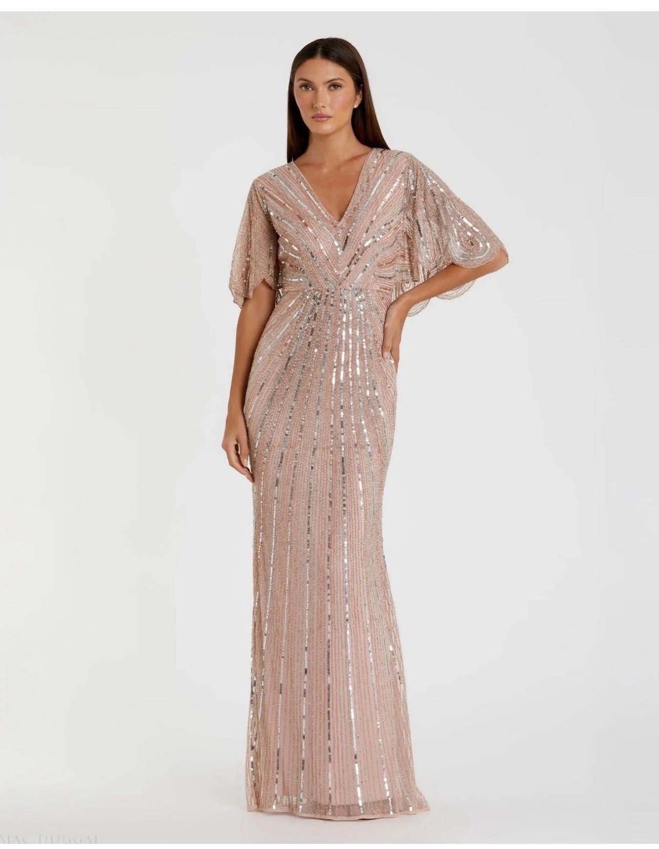 Screenshot NWT Mac Duggal 93583 Sz 12 Vintage Rose Beaded Sequin Cape Sleeve Gown - Image 1