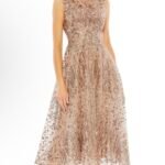 Mac Duggal 20398 Sz 10 Sequined Cap Sleeve Fit and Flare Midi Dress Bronze