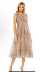 Mac Duggal 20398 Sz 10 Sequined Cap Sleeve Fit and Flare Midi Dress Bronze