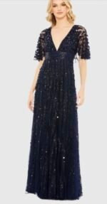 Mac Duggal 93784 Midnight Sequin Mesh Flutter Sleeve Gown Size 12