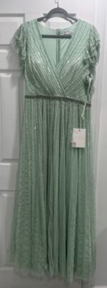 Mac Duggal 5502 Sz 14 Green Evening Gown Beaded Short Sleeve Long A-Line Dress - Image 5