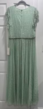 Mac Duggal 5502 Sz 16 Green Evening Gown Beaded Short Sleeve Long A-Line Dress - Image 7