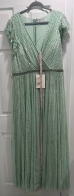 Mac Duggal 5502 Sz 14 Green Evening Gown Beaded Short Sleeve Long A-Line Dress - Image 7