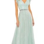 Mac Duggal 5502 Sz 16 Green Evening Gown Beaded Short Sleeve Long A-Line Dress