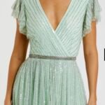 Mac Duggal 5502 Sz 14 Green Evening Gown Beaded Short Sleeve Long A-Line Dress