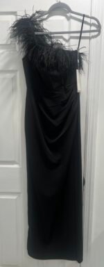 Mac Duggal 68456 Sz 2 Black Feather One Shoulder Ruched Gown Side Slit - Image 5