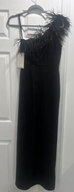 Mac Duggal 68456 Sz 2 Black Feather One Shoulder Ruched Gown Side Slit - Image 6