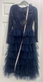 Ieena for Mac Duggal 26299 Sz 2 Midnight  Blue Sequin Tulle Tiered Dress - Image 4