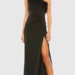 Mac Duggal 68456 Sz 2 Black Feather One Shoulder Ruched Gown Side Slit