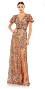 Mac Duggal 5540 Sz 8 Copper Sequined Wrap Butterfly Sleeve Draped Gown