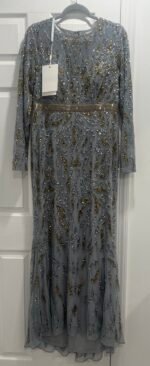 Mac Duggal 5124 Sz 10 Embellished Illusion Long Sleeve Gown Platinum Gold Color - Image 5