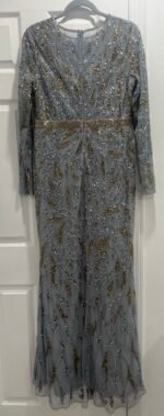 Mac Duggal 5124 Sz 10 Embellished Illusion Long Sleeve Gown Platinum Gold Color - Image 7