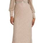 NWT Mac Duggal 10062 Sz 8 Wrap Over Bishop Sleeve Gown With Pearl Beading